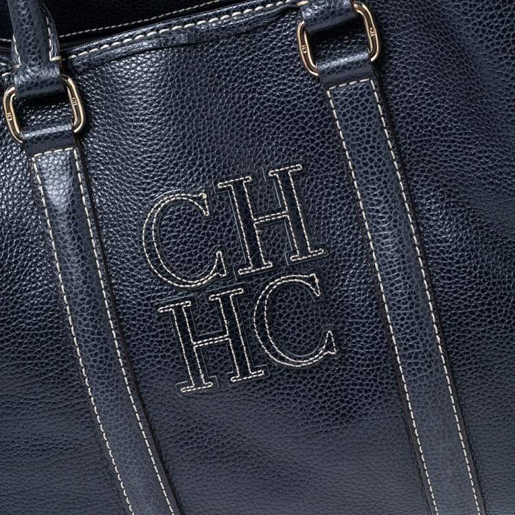 Pre Owned CH Carolina Herrera Navy Blue Grained Leather Matteo Tote