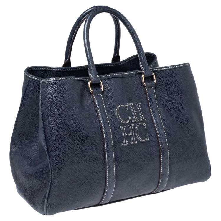 Pre Owned CH Carolina Herrera Navy Blue Grained Leather Matteo Tote