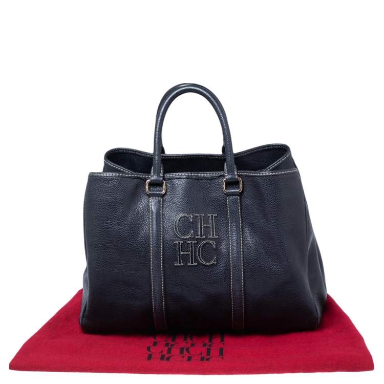 Pre Owned CH Carolina Herrera Navy Blue Grained Leather Matteo Tote