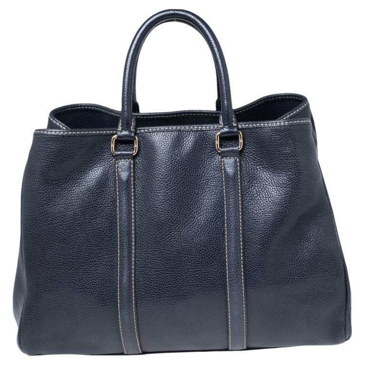Pre Owned CH Carolina Herrera Navy Blue Grained Leather Matteo Tote