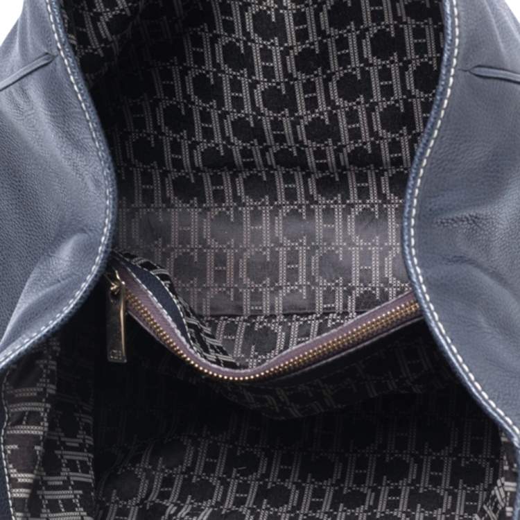 Pre Owned CH Carolina Herrera Navy Blue Grained Leather Matteo Tote
