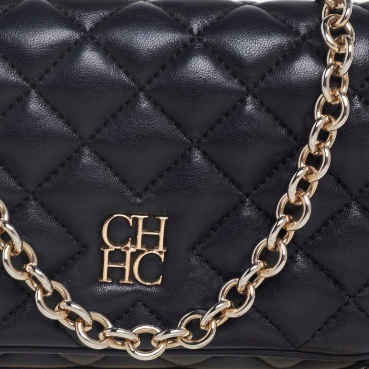 Pre Owned CH Carolina Herrera Black Quilted Leather Flap Chain Shoulder Bag