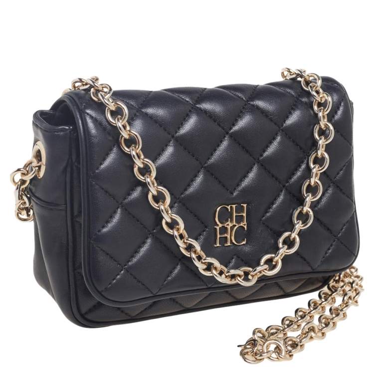 Pre Owned CH Carolina Herrera Black Quilted Leather Flap Chain Shoulder Bag