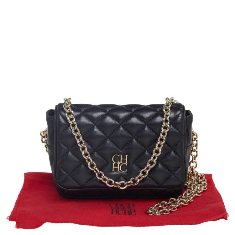 Pre Owned CH Carolina Herrera Black Quilted Leather Flap Chain Shoulder Bag