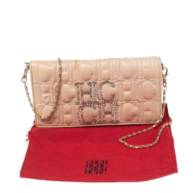 Pre Owned CH Carolina Herrera Beige Monogram Quilted Leather Crystal CH Wallet On Chain