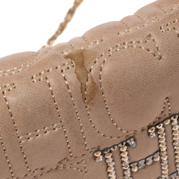 Pre Owned CH Carolina Herrera Beige Monogram Quilted Leather Crystal CH Wallet On Chain