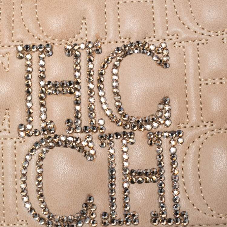 Pre Owned CH Carolina Herrera Beige Monogram Quilted Leather Crystal CH Wallet On Chain