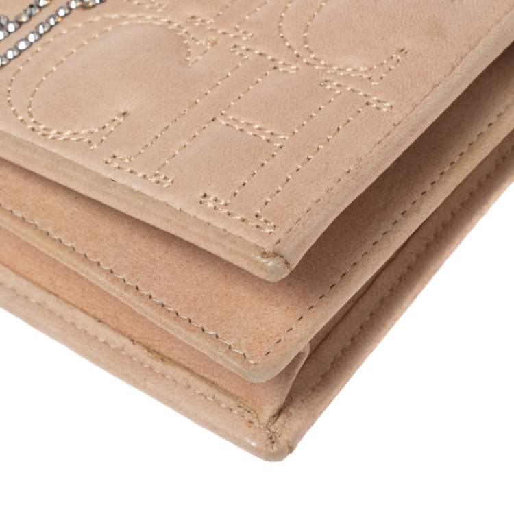Pre Owned CH Carolina Herrera Beige Monogram Quilted Leather Crystal CH Wallet On Chain