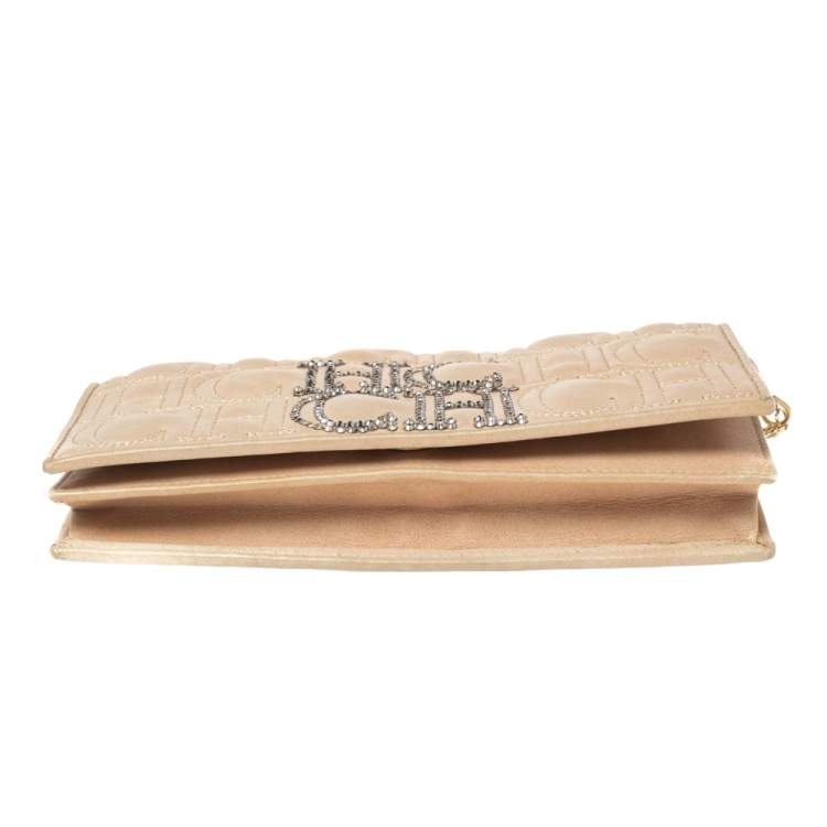 Pre Owned CH Carolina Herrera Beige Monogram Quilted Leather Crystal CH Wallet On Chain