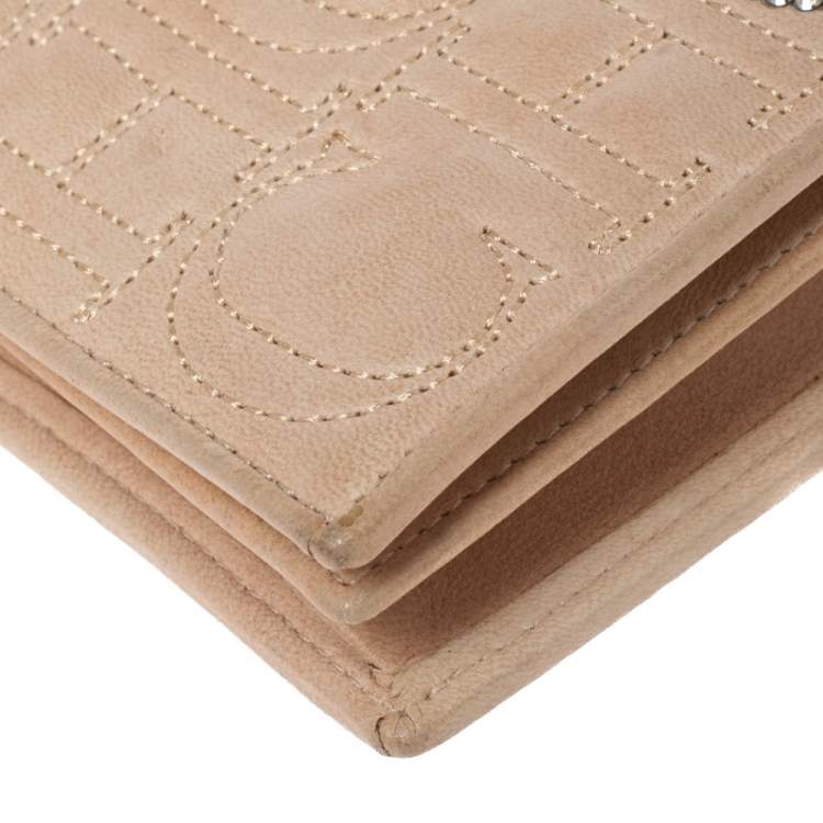 Pre Owned CH Carolina Herrera Beige Monogram Quilted Leather Crystal CH Wallet On Chain