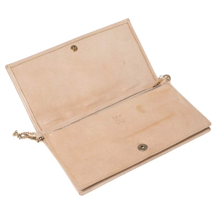 Pre Owned CH Carolina Herrera Beige Monogram Quilted Leather Crystal CH Wallet On Chain