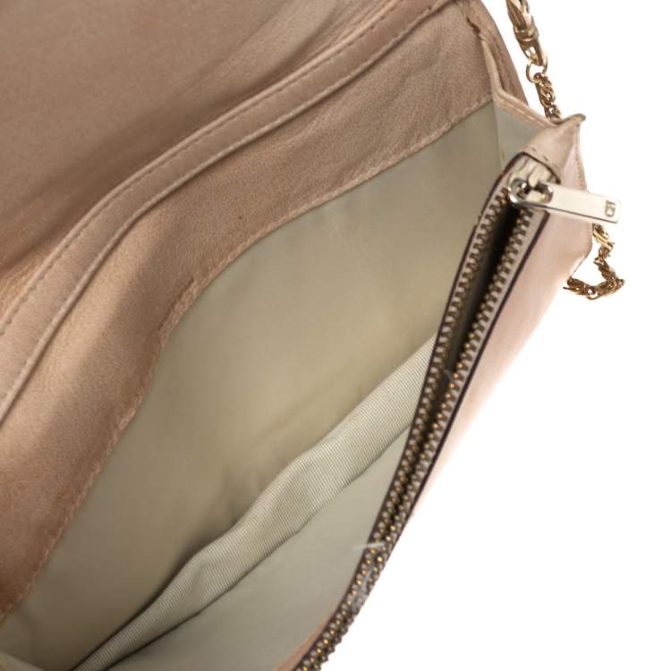 Pre Owned CH Carolina Herrera Beige Monogram Quilted Leather Crystal CH Wallet On Chain