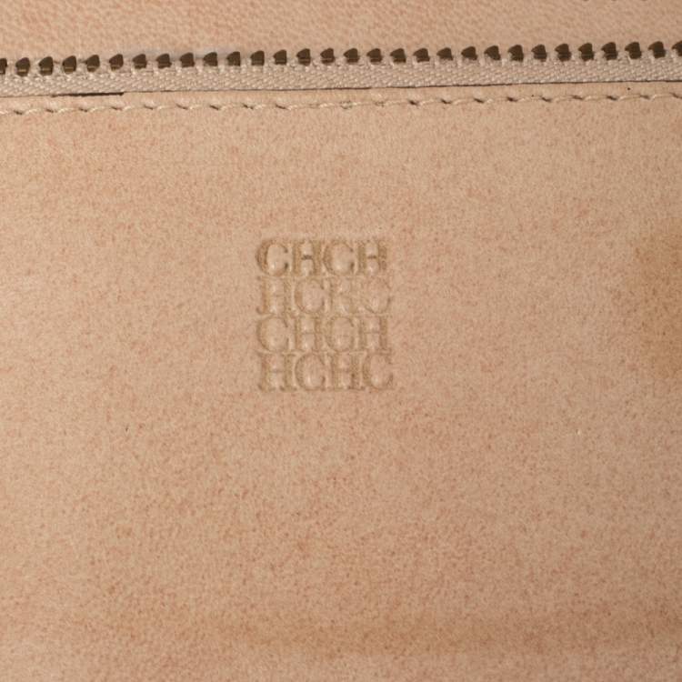 Pre Owned CH Carolina Herrera Beige Monogram Quilted Leather Crystal CH Wallet On Chain