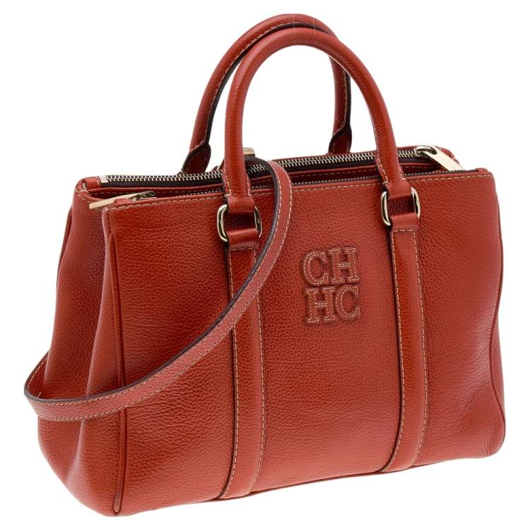 Pre Owned CH Carolina Herrera Orange Leather Matteo Tote