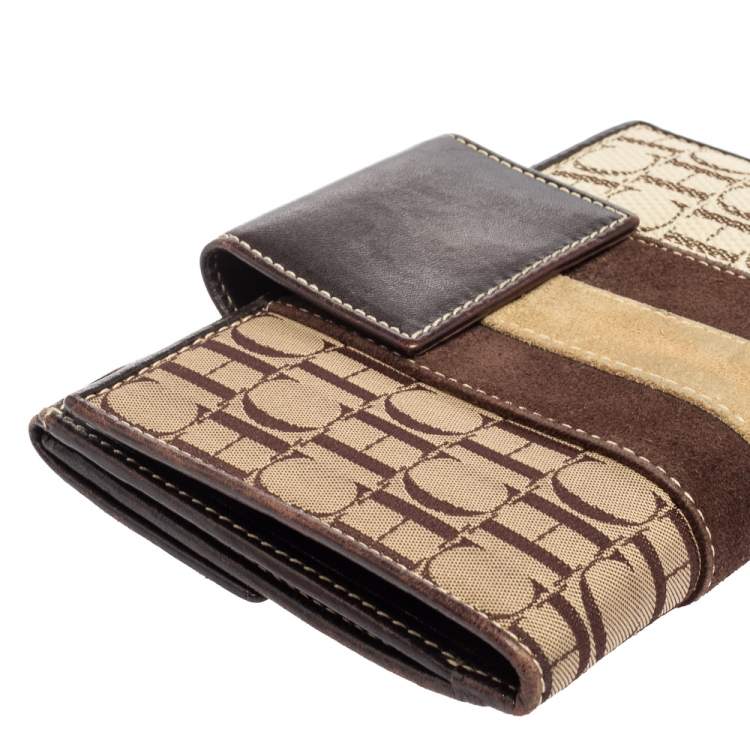 Pre Owned CH Carolina Herrera Monogram Canvas, Suede and Leather Flap French Wallet