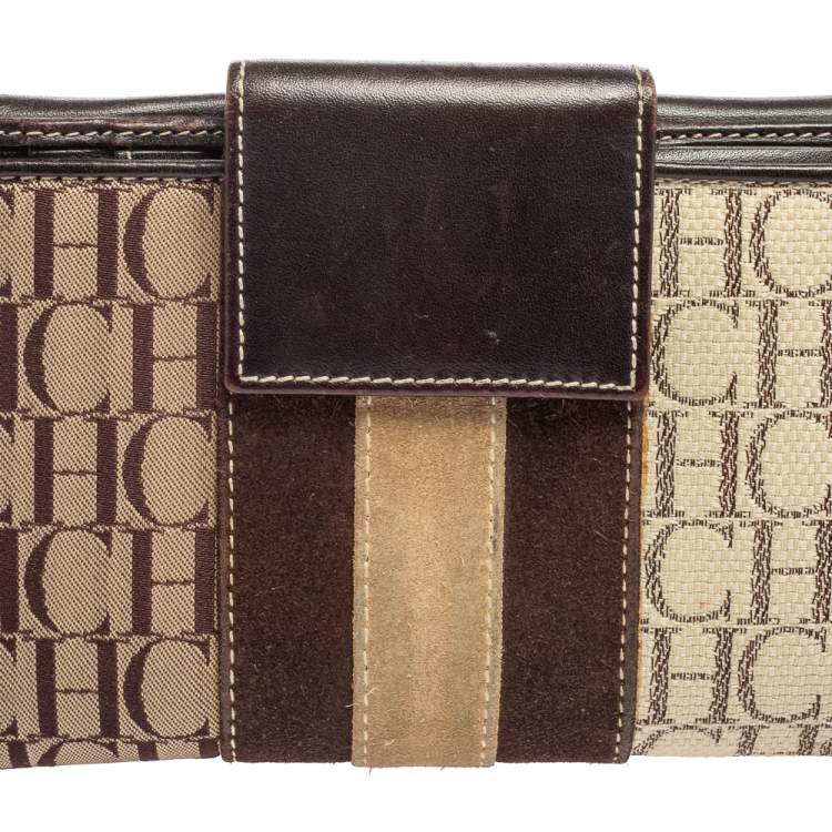 Pre Owned CH Carolina Herrera Monogram Canvas, Suede and Leather Flap French Wallet