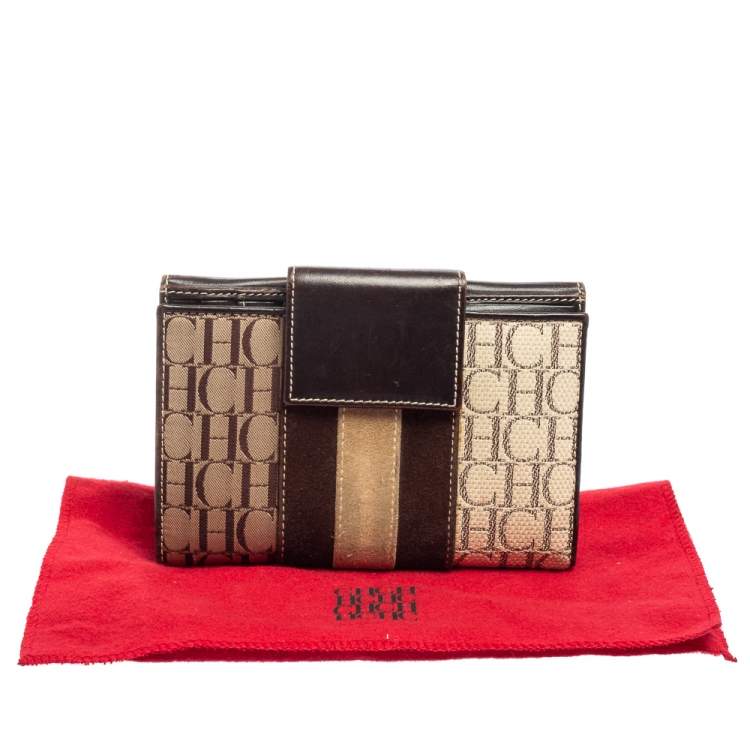 Pre Owned CH Carolina Herrera Monogram Canvas, Suede and Leather Flap French Wallet