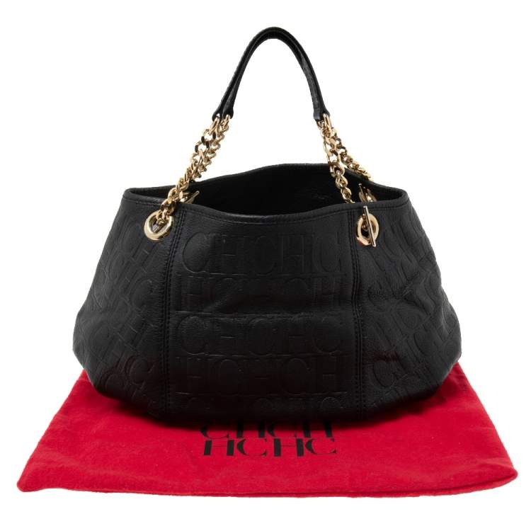 Pre Owned CH Carolina Herrera Black Monogram Leather Chain Hobo