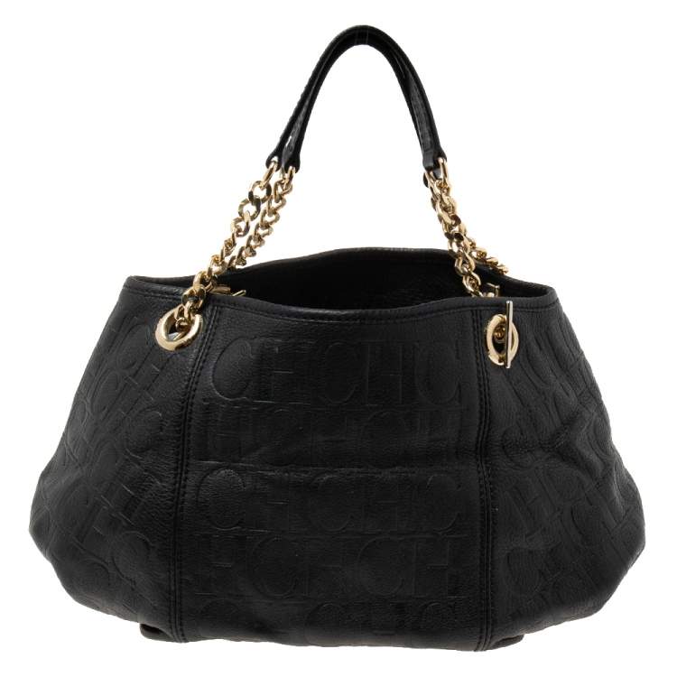Pre Owned CH Carolina Herrera Black Monogram Leather Chain Hobo