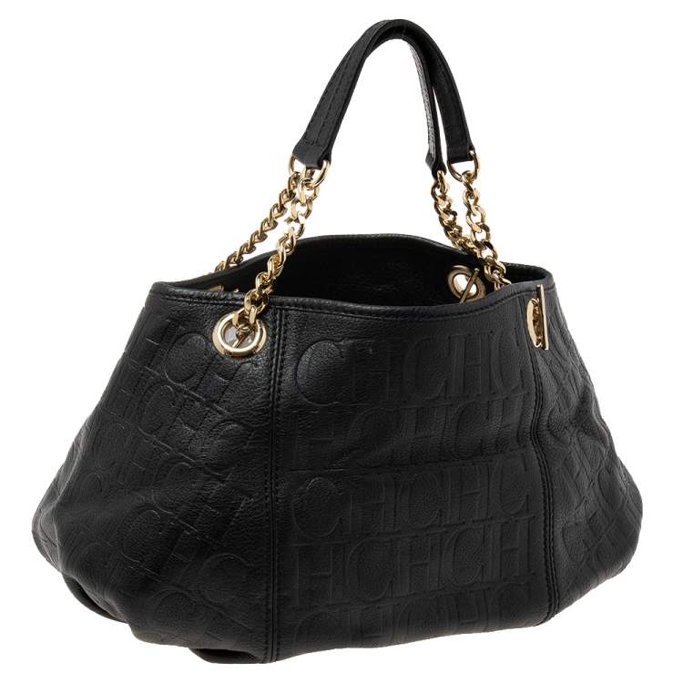 Pre Owned CH Carolina Herrera Black Monogram Leather Chain Hobo