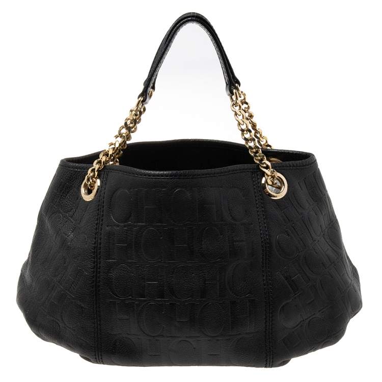 Pre Owned CH Carolina Herrera Black Monogram Leather Chain Hobo