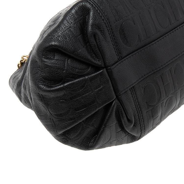Pre Owned CH Carolina Herrera Black Monogram Leather Chain Hobo