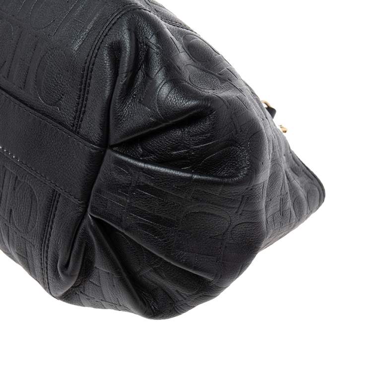 Pre Owned CH Carolina Herrera Black Monogram Leather Chain Hobo