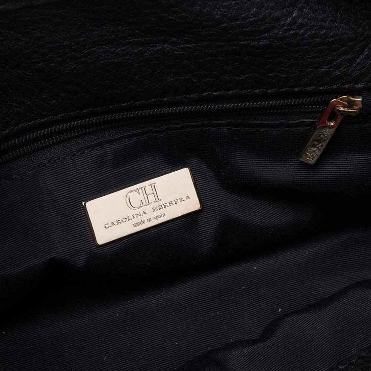 Pre Owned CH Carolina Herrera Black Monogram Leather Chain Hobo