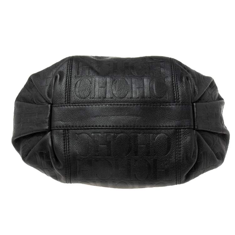 Pre Owned CH Carolina Herrera Black Monogram Leather Chain Hobo