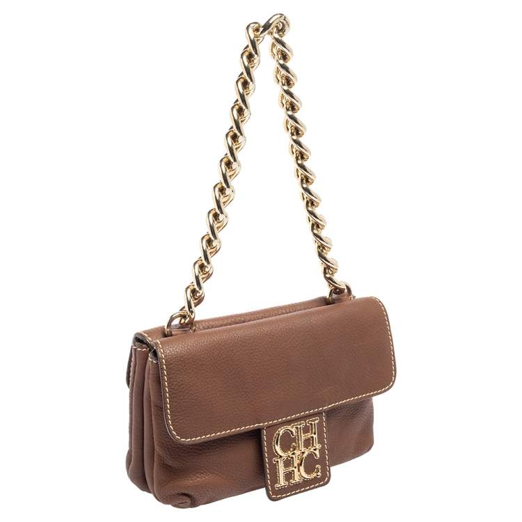 Pre Owned CH Carolina Herrera Brown Leather Double Flap Chain Bag