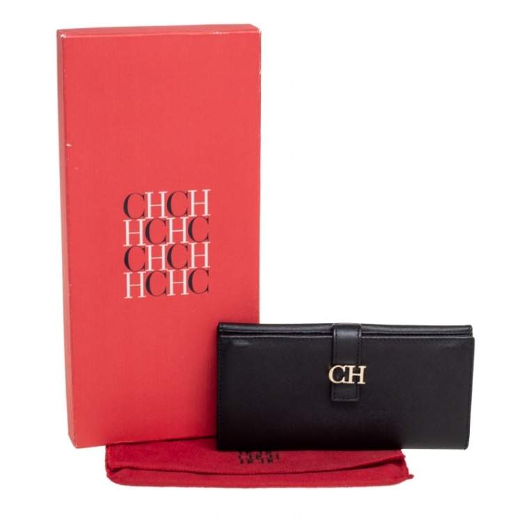 Pre Owned CH Carolina Herrera Black Leather CH Logo Flap French Continental Wallet