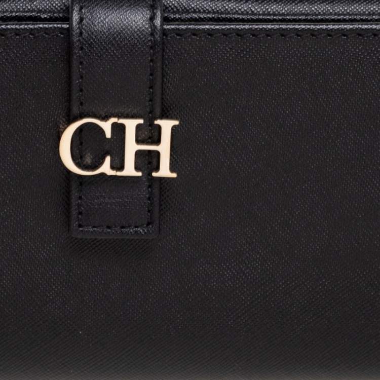 Pre Owned CH Carolina Herrera Black Leather CH Logo Flap French Continental Wallet