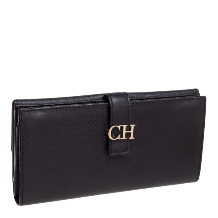 Pre Owned CH Carolina Herrera Black Leather CH Logo Flap French Continental Wallet