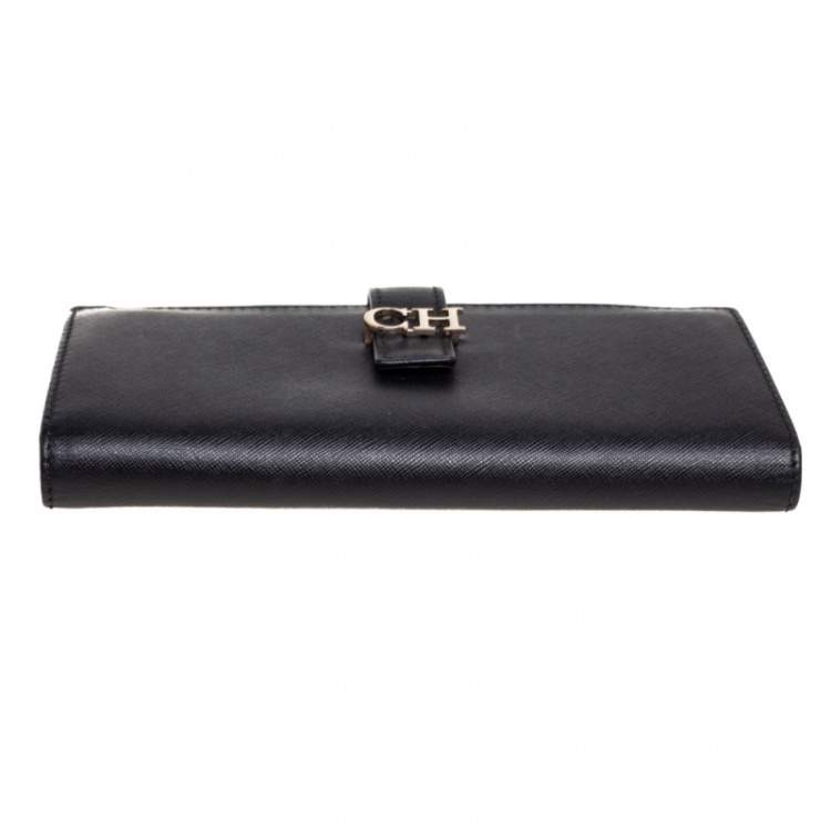 Pre Owned CH Carolina Herrera Black Leather CH Logo Flap French Continental Wallet