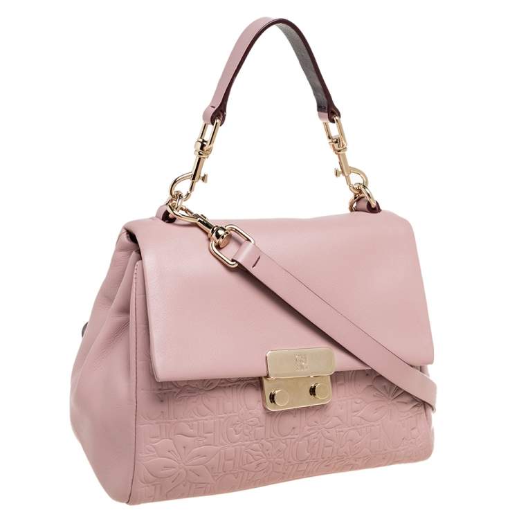 Pre Owned CH Carolina Herrera Light Pink Embossed Leather Flap Top Handle Bag