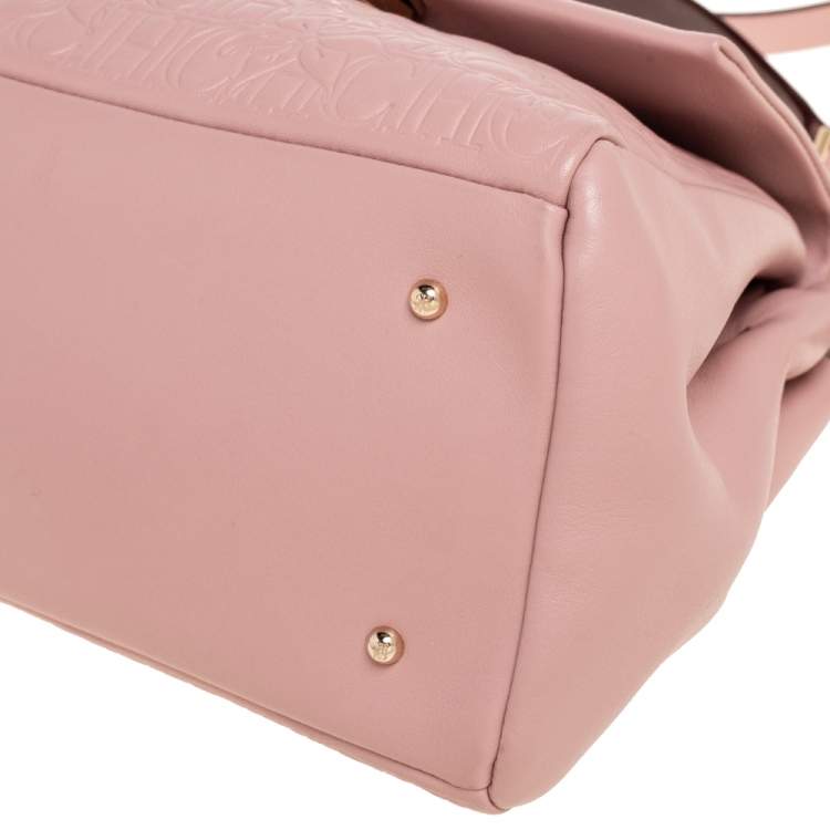 Pre Owned CH Carolina Herrera Light Pink Embossed Leather Flap Top Handle Bag