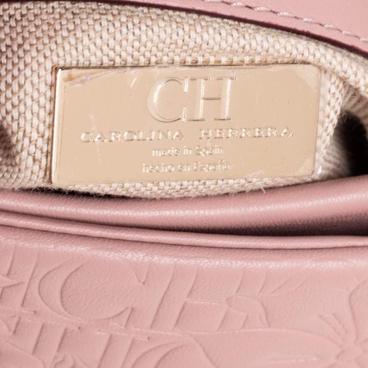 Pre Owned CH Carolina Herrera Light Pink Embossed Leather Flap Top Handle Bag