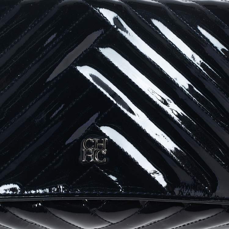 Pre Owned CH Carolina Herrera Dark Blue Chevron Patent Leather Bimba Chain Flap Shoulder Bag