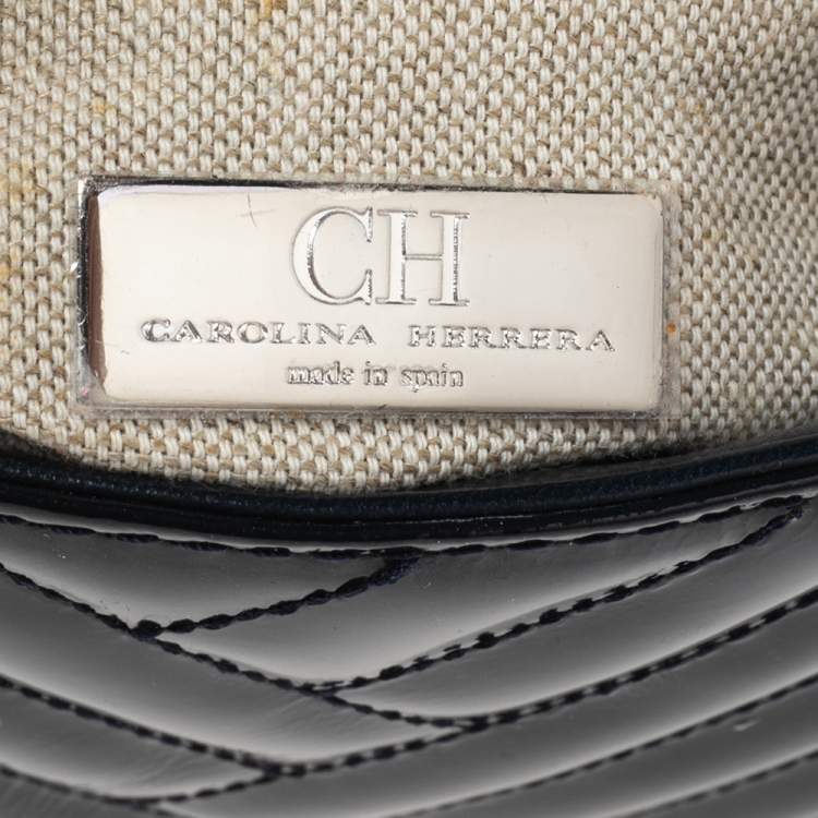 Pre Owned CH Carolina Herrera Dark Blue Chevron Patent Leather Bimba Chain Flap Shoulder Bag