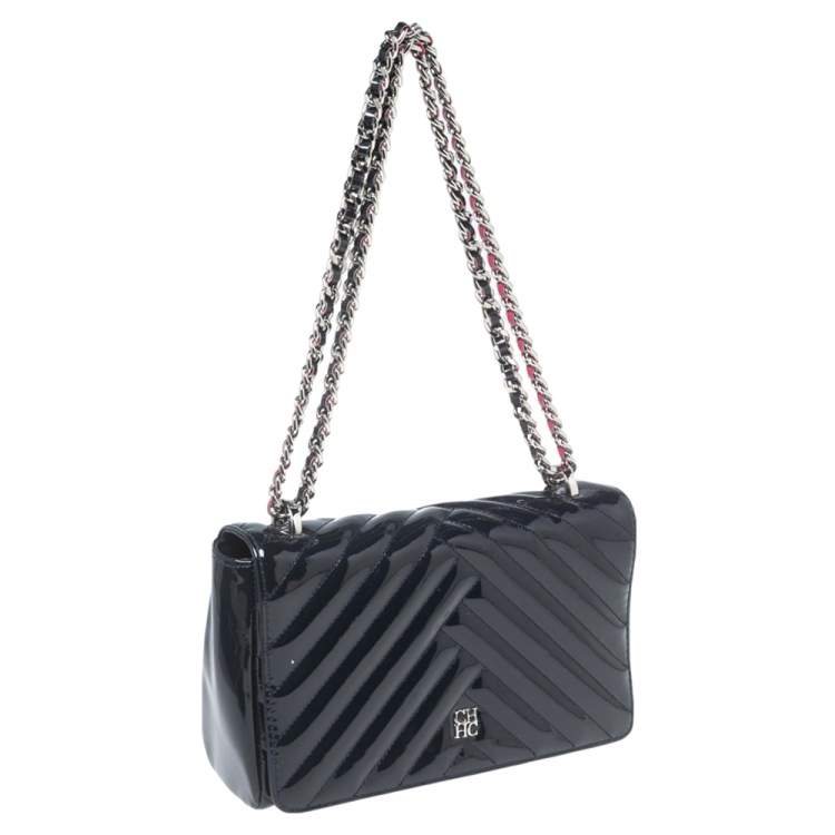Pre Owned CH Carolina Herrera Dark Blue Chevron Patent Leather Bimba Chain Flap Shoulder Bag
