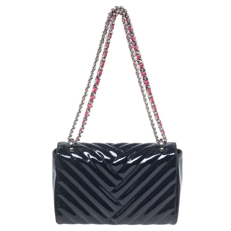 Pre Owned CH Carolina Herrera Dark Blue Chevron Patent Leather Bimba Chain Flap Shoulder Bag