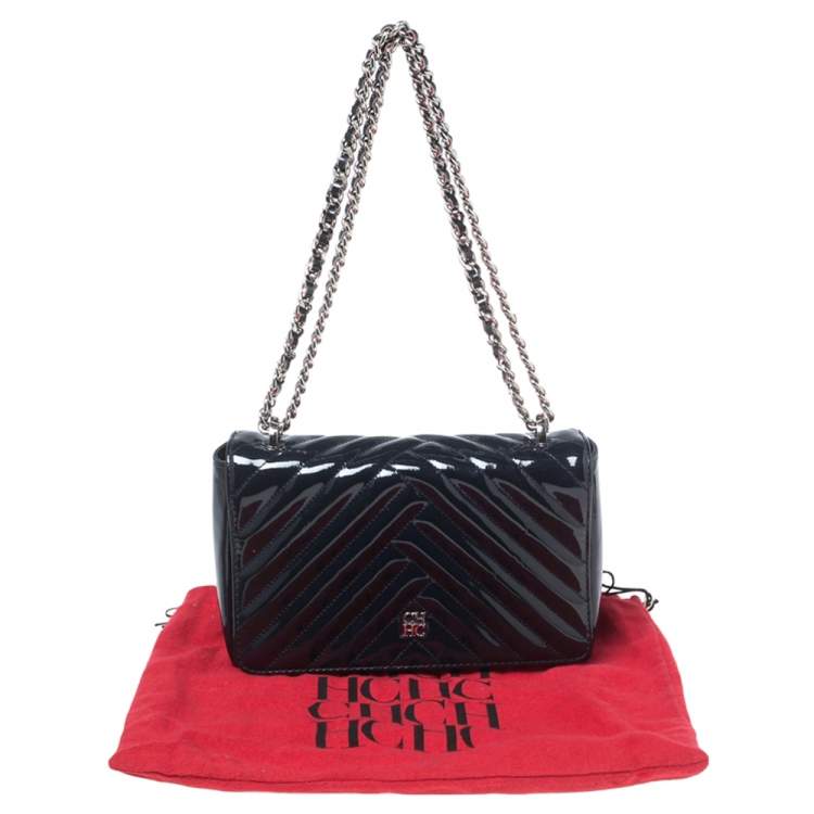 Pre Owned CH Carolina Herrera Dark Blue Chevron Patent Leather Bimba Chain Flap Shoulder Bag