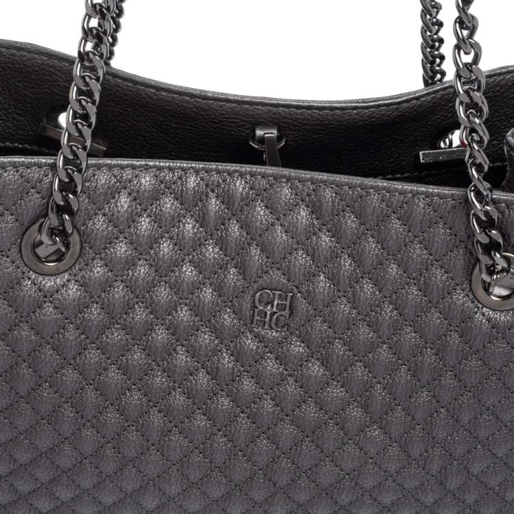 Pre Owned Carolina Herrera Dark Grey Micro Quilted Leather Chain Tote