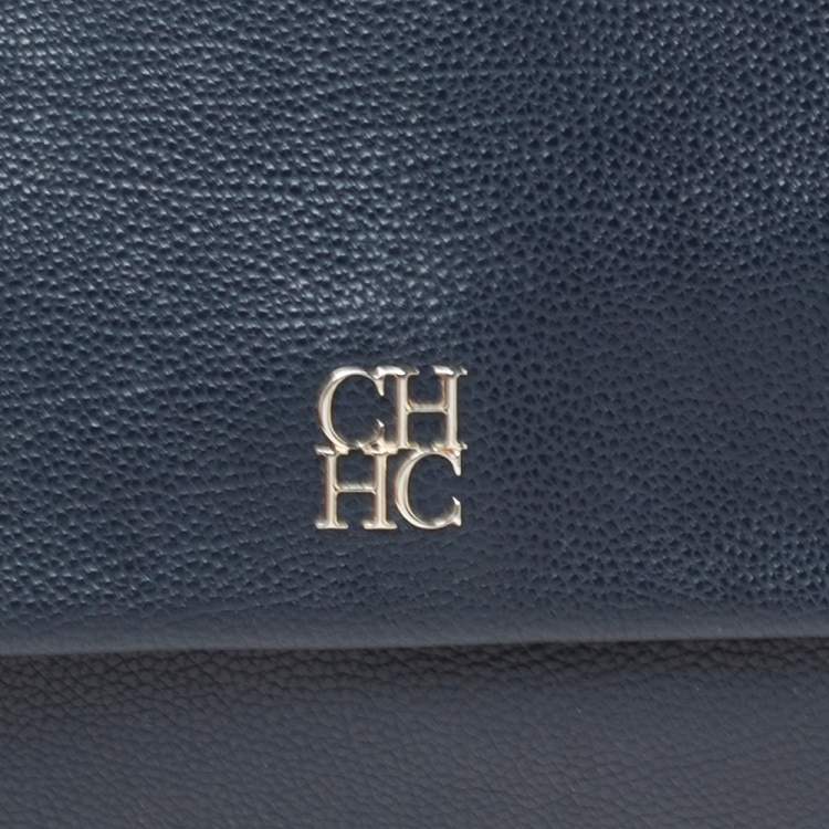 Pre Owned Carolina Herrera Navy Blue Leather Minuetto Flap Top Handle Bag