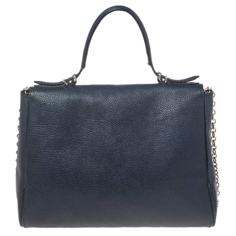 Pre Owned Carolina Herrera Navy Blue Leather Minuetto Flap Top Handle Bag