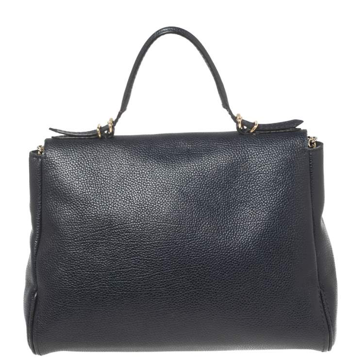 Pre Owned CH Carolina Herrera Navy Blue Leather Minuetto Flap Top Handle Bag