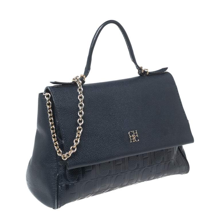 Pre Owned CH Carolina Herrera Navy Blue Leather Minuetto Flap Top Handle Bag