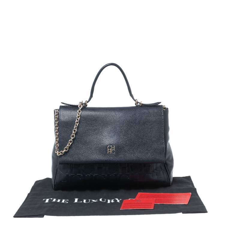Pre Owned CH Carolina Herrera Navy Blue Leather Minuetto Flap Top Handle Bag