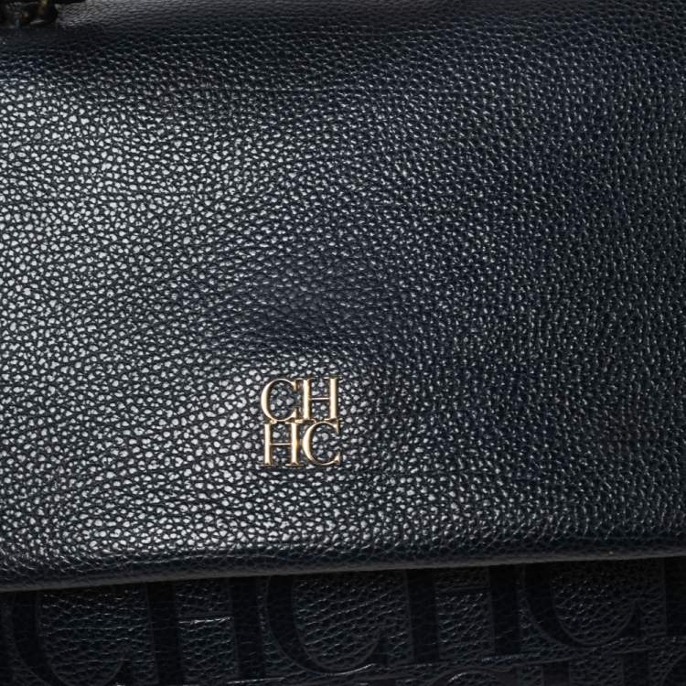 Pre Owned CH Carolina Herrera Navy Blue Leather Minuetto Flap Top Handle Bag