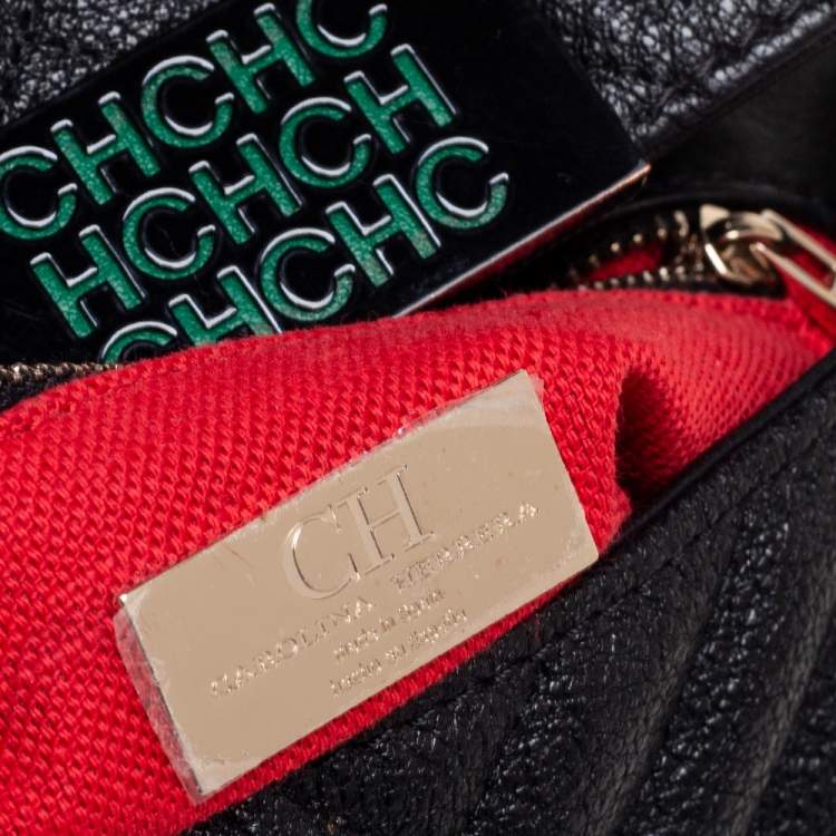 Pre Owned CH Carolina Herrera Black Chevron Leather Chain Flap Shoulder Bag
